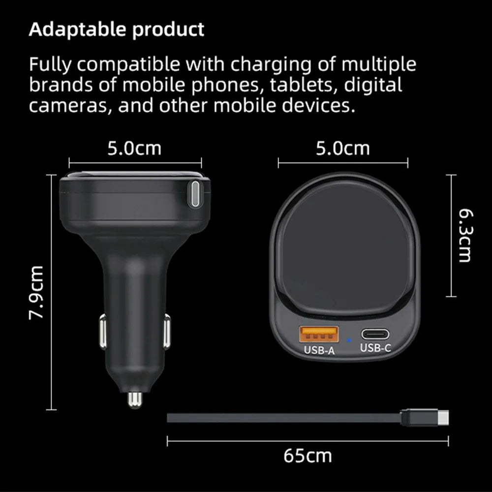 K8 USB-A + USB-C Dual Port Car Charger PD 20W + QC 18W Fast Charger with Retractable Type C Cable - Black - 7