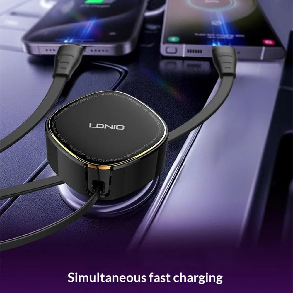 LDNIO C107 30W Car Charger PD QC Fast Charging Car Adapter with Retractable iP (5-14) & Type-C Cable - Black - 4
