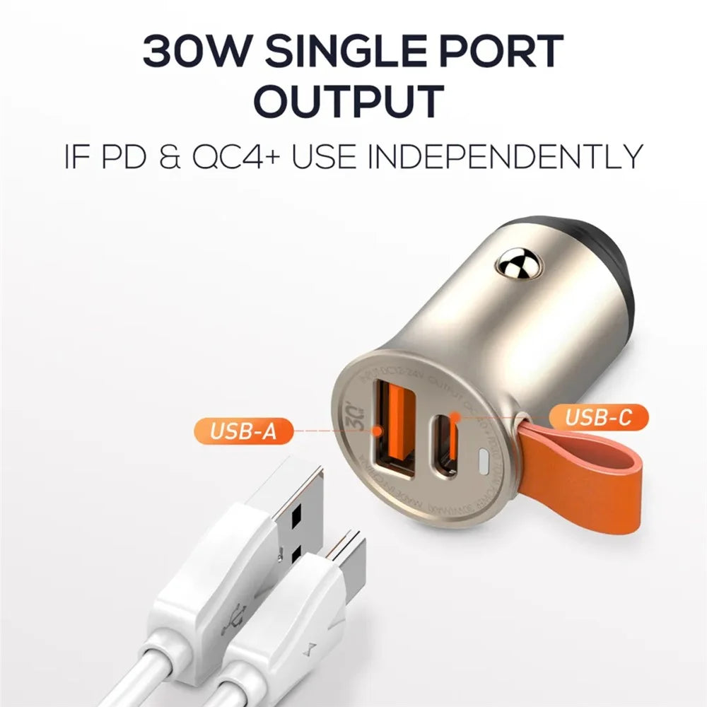LDNIO C509Q 30W Car Charger Dual Port USB-C PD USB-A QC4.0 Fast Charging Adapter with Built-in Lanyard for iPhone Samsung - Gold - 4
