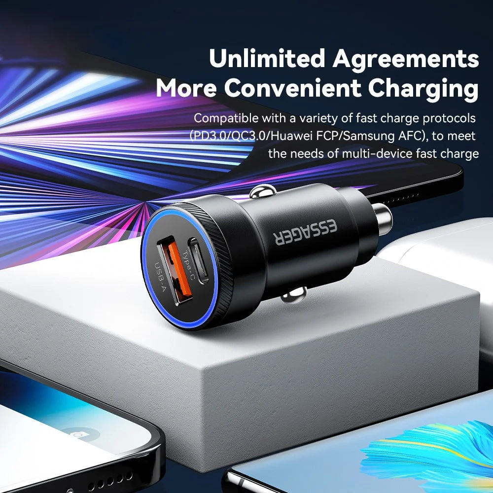 ESSAGER 54W USB+Type-C Phone Fast Charging Adapter ABS+Aluminum Alloy Mini Car Charger - Black - 3