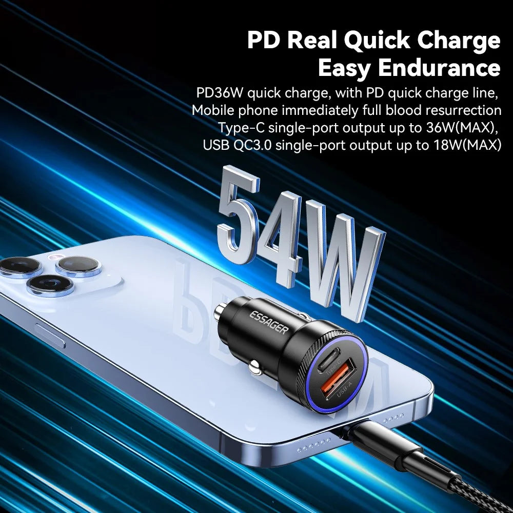 ESSAGER 54W USB+Type-C Phone Fast Charging Adapter ABS+Aluminum Alloy Mini Car Charger - Black - 5