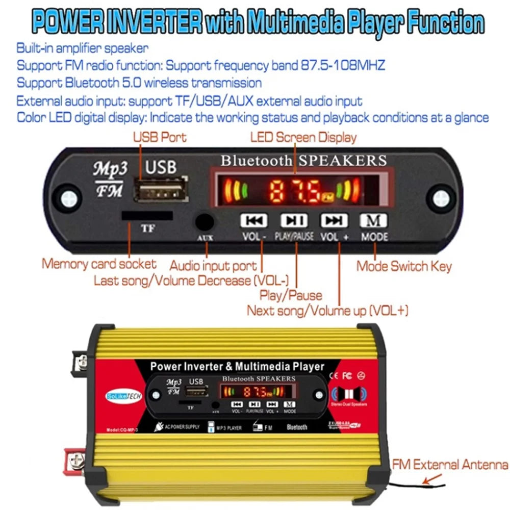 SOLIKETECH 300W Car Power Inverter with Bluetooth / MP3 / FM Multimedia Player 12V-220V Inverter Converter - Yellow Shell - 6