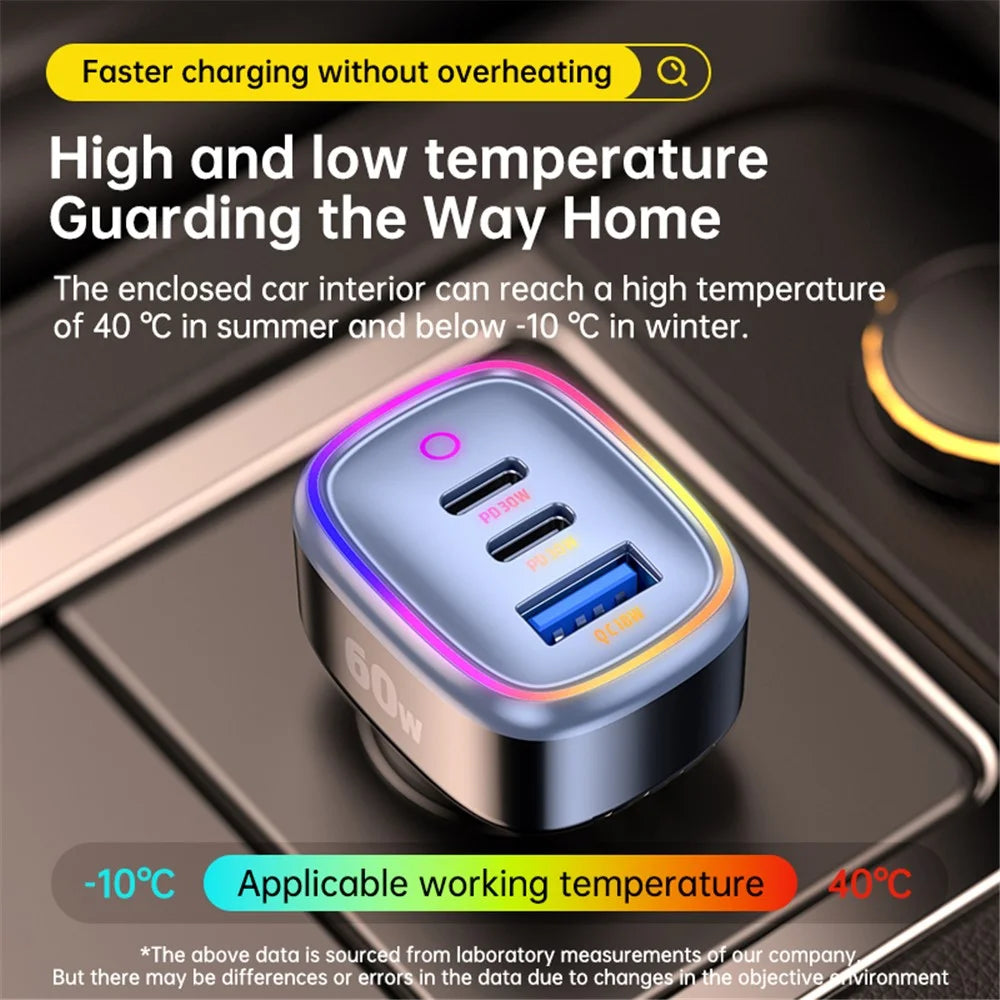 C08 60W USB + Dual USB-C Car Charger Cool Ambient Light Phone Fast Charging Power Adapter - 6