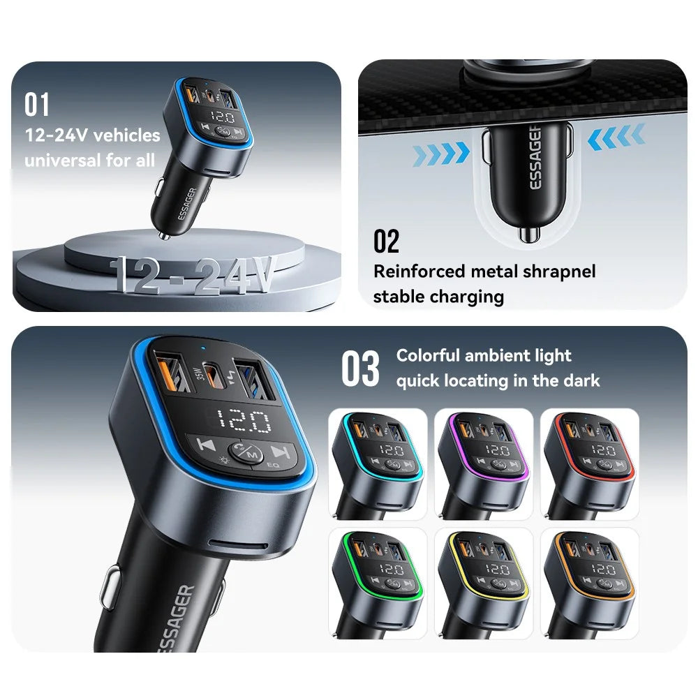 ESSAGER ECCFM-CT0G-P 35W PD Fast Charging Car Charger Dual Ports A+C Intelligent Chip Car Charger for FM MP3 - Grey - 7