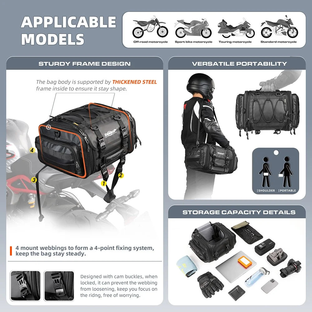 RHINOWALK MT4026 19L Expandable Motorcycle Rear Rack Storage Bag Motorbike Tail Pannier Pack - Black - 4