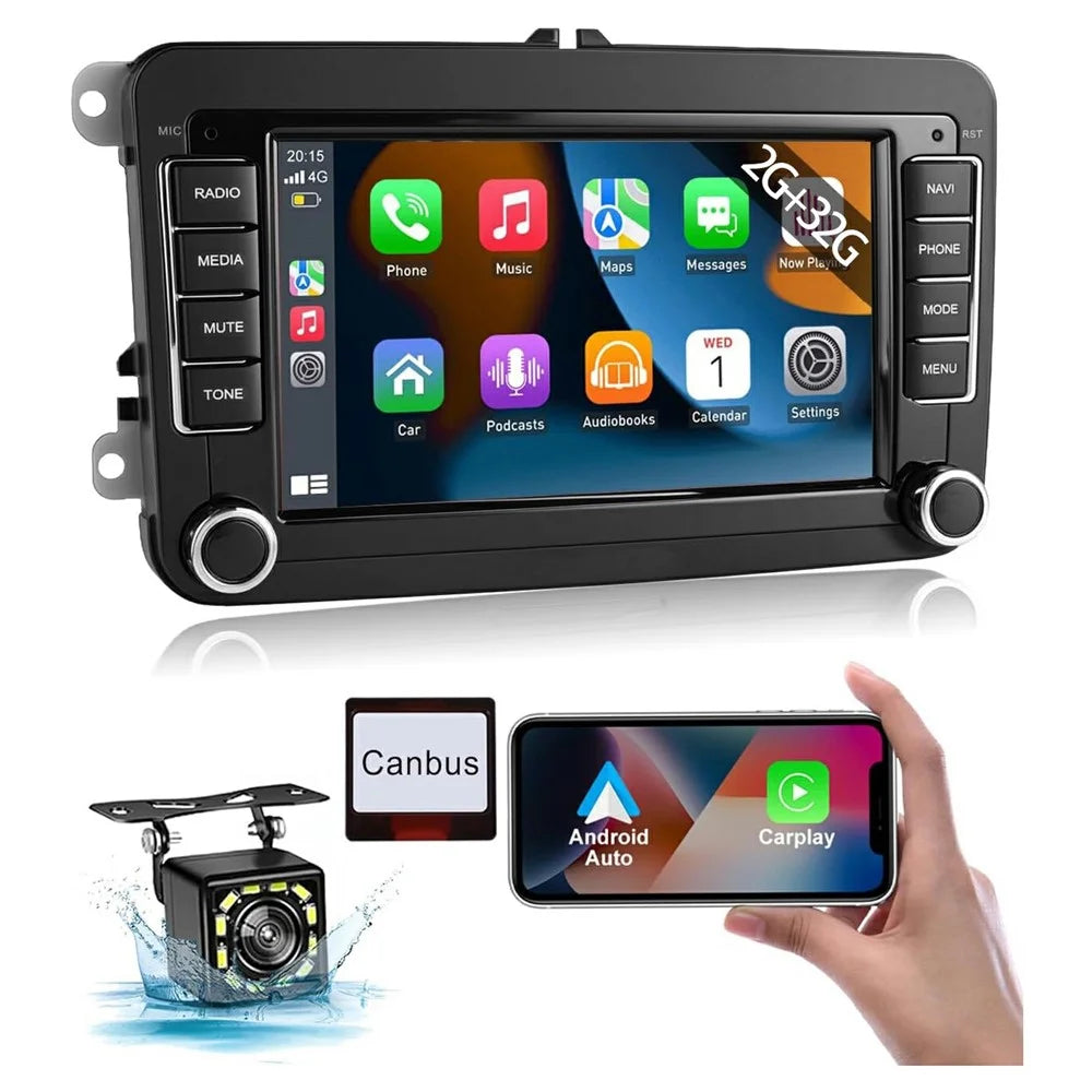 7 Inch Android 15 Car Stereo 2G+32G CarPlay Player Android GPS Navigation 12-LED Backup Camera Auto Player for Volkswagen Golf MK5 / Polo Passat Jetta - 1