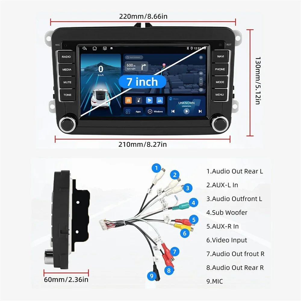 7 Inch Android 15 Car Stereo 4G+64G CarPlay Player Android GPS Navigation 12-LED Backup Camera Auto Player for Volkswagen Golf MK5 / Polo Passat Jetta - 7