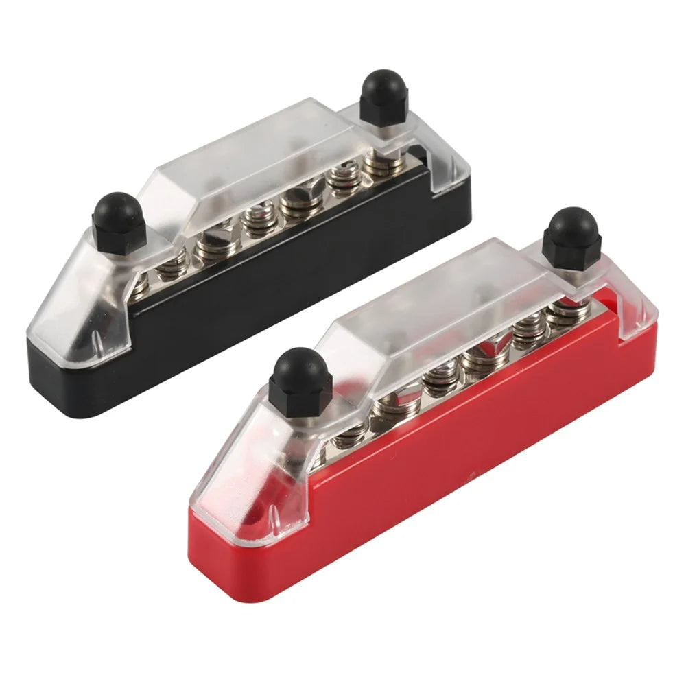 A7473 2Pcs / Set 7-Way Power Distribution Block 4 x M6 Terminal Studs, 3 x M4 Terminal Screws Battery Bus Bar for Car Marine Boat (Black+Red) - 2