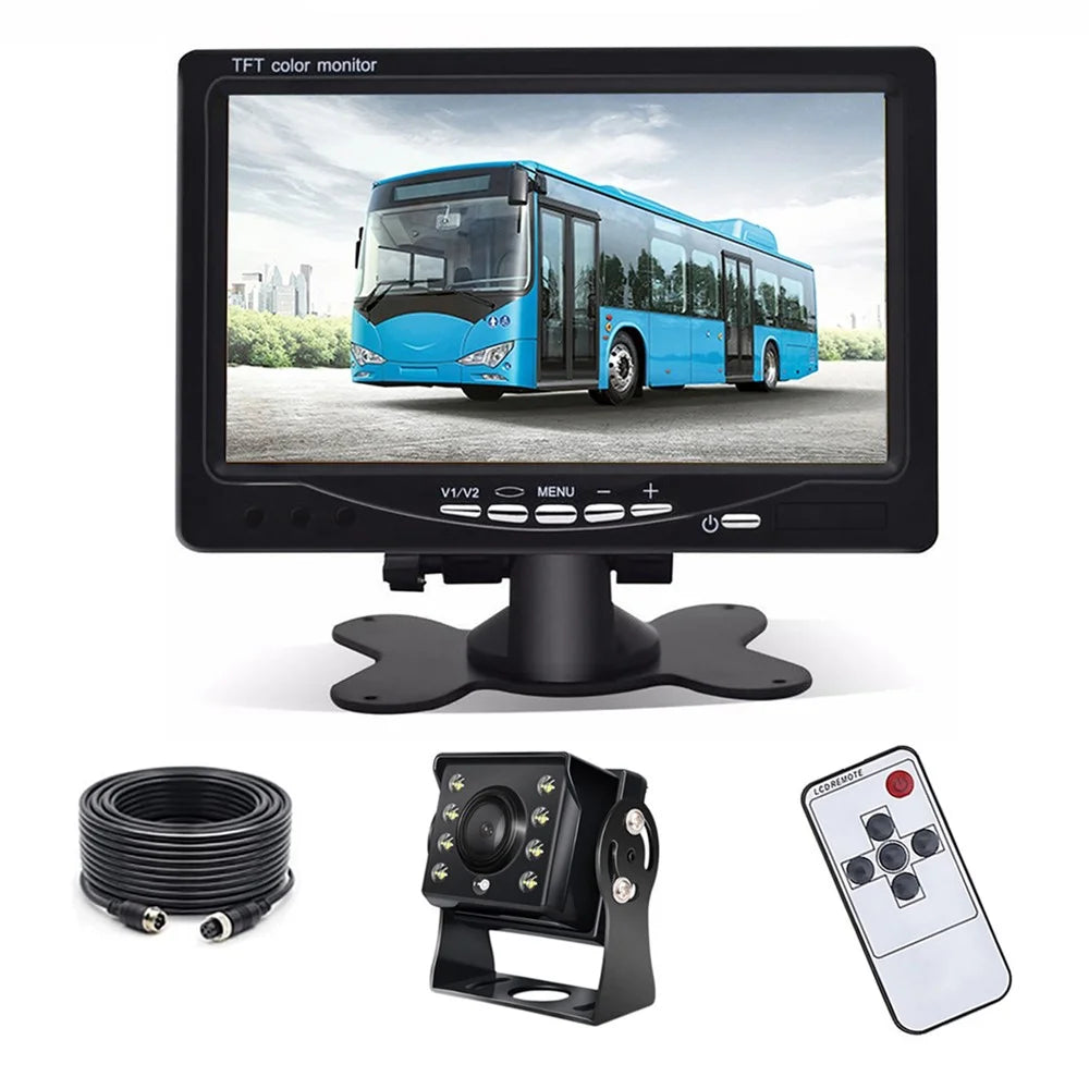 RH-701C 7" LCD Video Display Screen Rear View Monitor 8-LED Camera Parking and Reverse System Kit with 15m Video Cable - 1