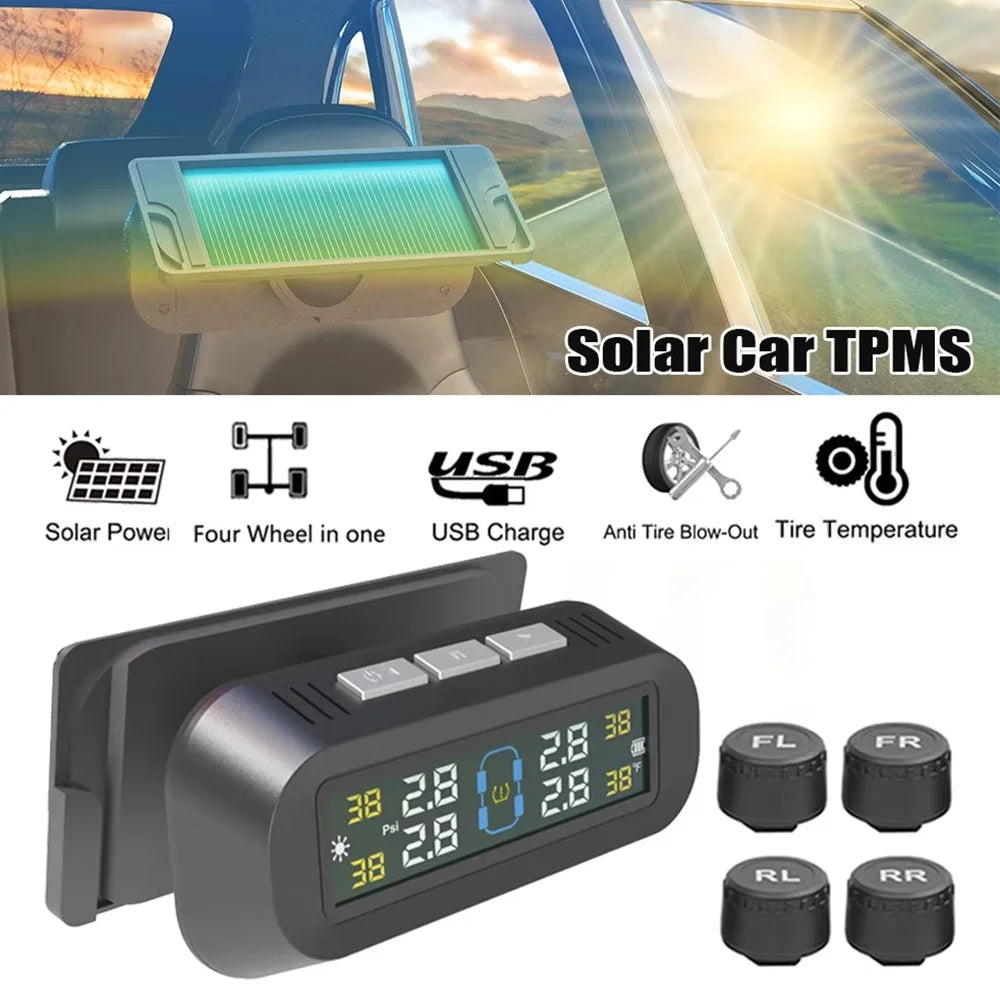 T14 Solar / USB Charging Tire Pressure Monitoring System Car TPMS with 4 External Sensors - 2