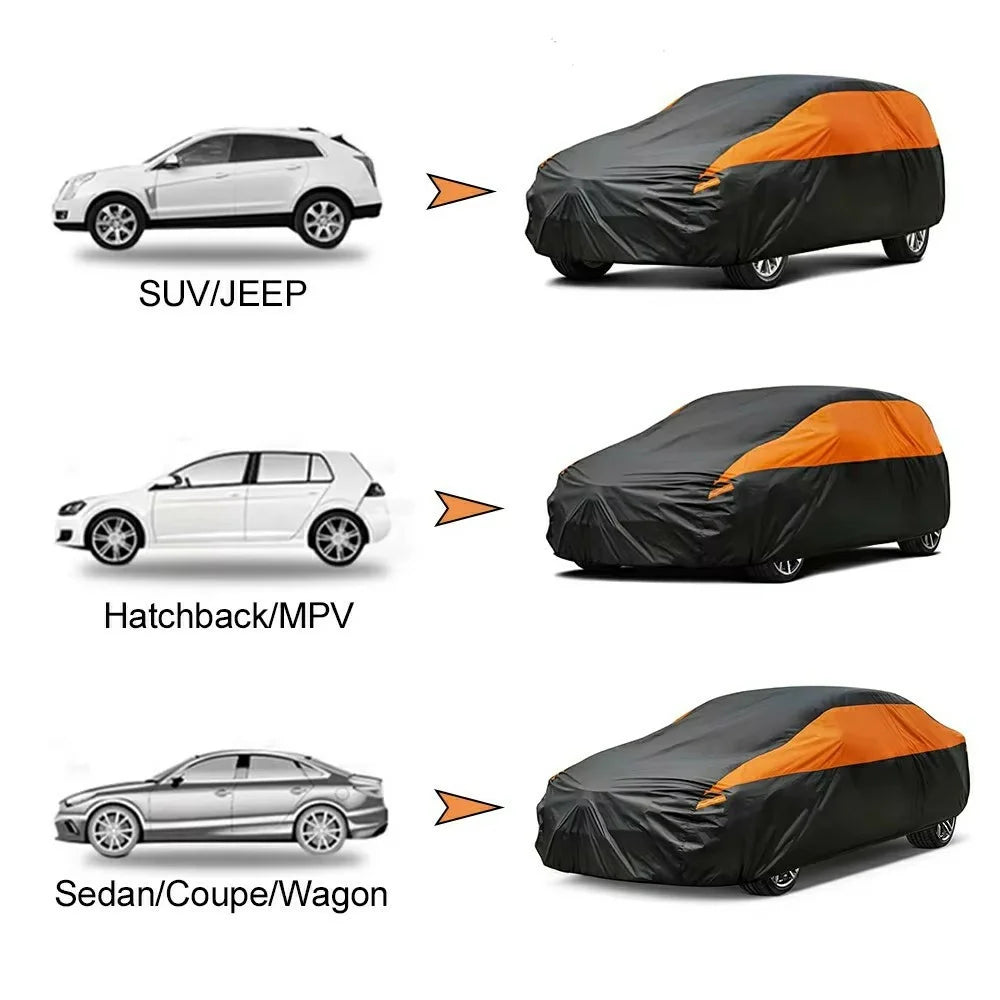 Waterproof Outdoor Car Cover for Sedan SUV Hatchback UV Protection Cover with Reflective Strips, Black+Orange - 3L (4.4-4.6m) - 6