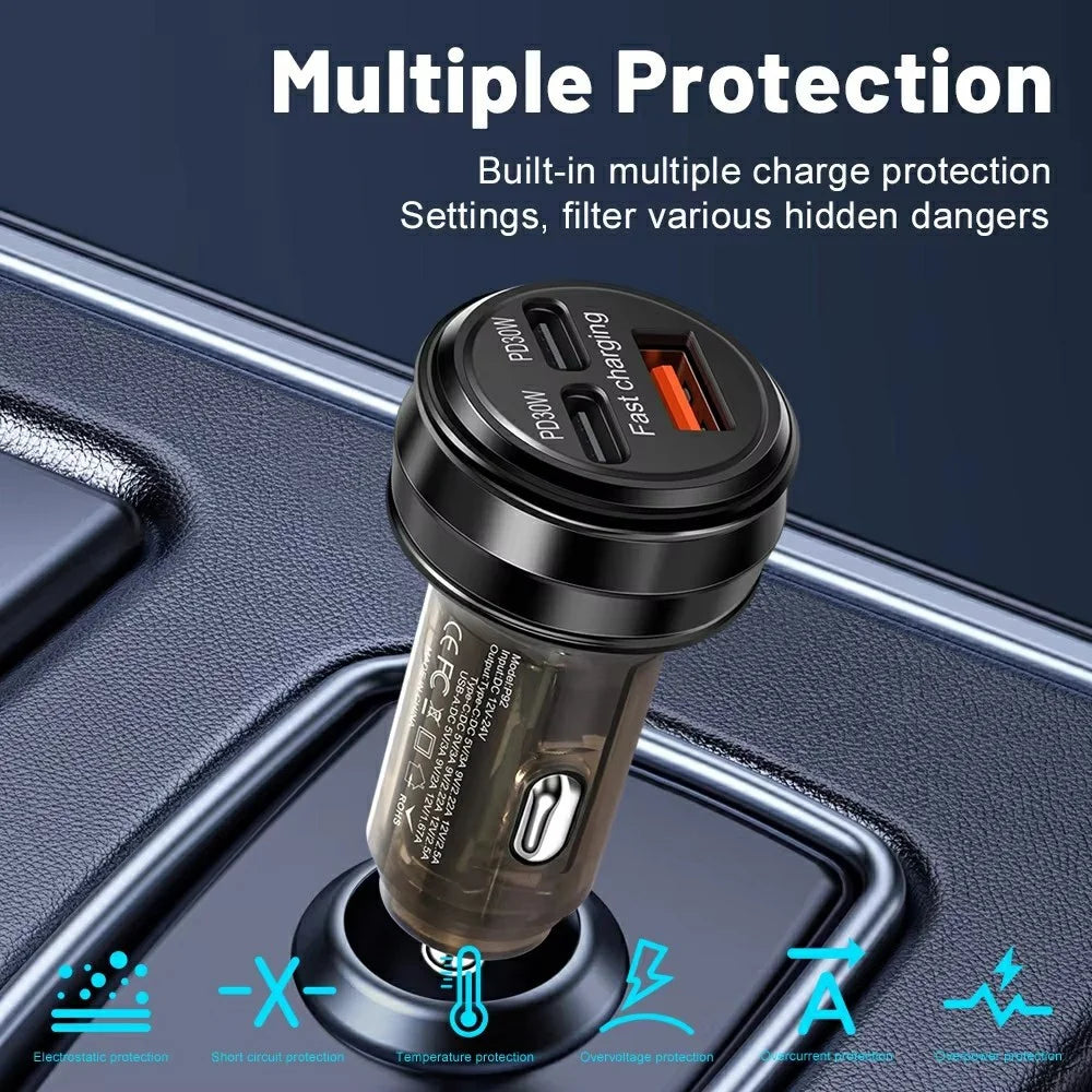 80W Car Charger 3 Ports USB + PD Type C Fast Charging Portable Cigarette Lighter Adapter - Black - 3
