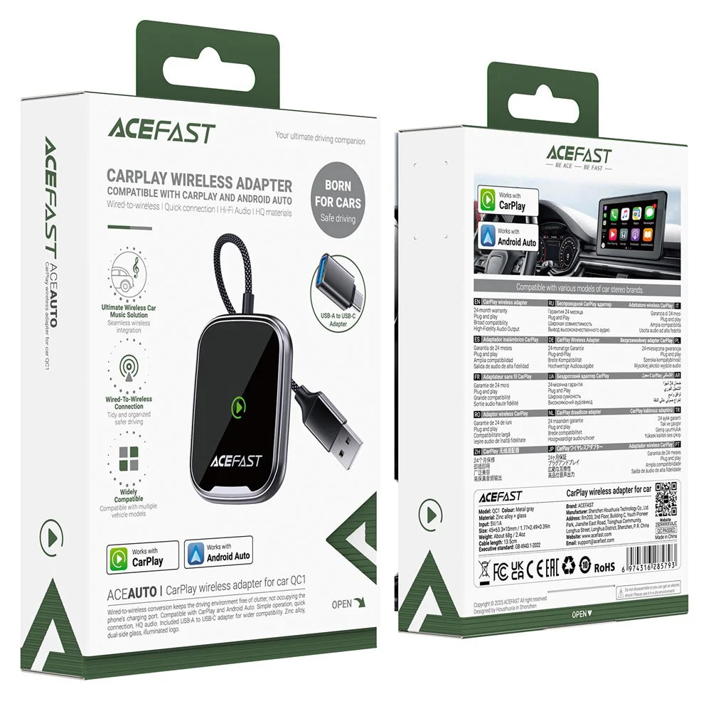 ACEFAST QC1 USB-A CarPlay Wireless Adapter for Apple CarPlay / Android Auto Wire to Wireless Converter - Metal Gray - 7