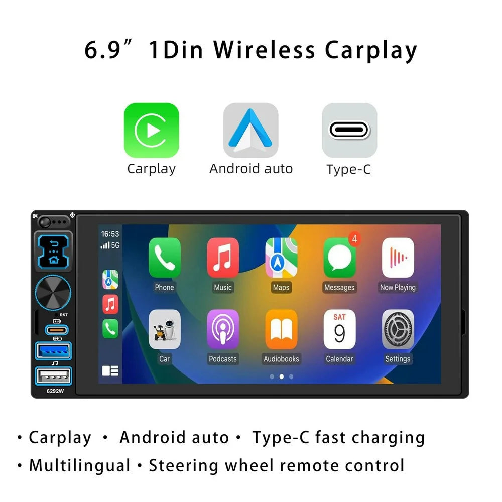 6292W 6.9 Inch Touchscreen Single DIN Car Stereo Radio Bluetooth-compatible Wireless CarPlay Android Auto FM Radio - 2