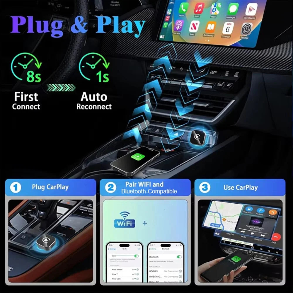 Q1A Wired to Wireless Carplay / Android Auto 2 in 1 Dongle Auto Connect Mini Adapter - Black+Colorful Symbol - 5