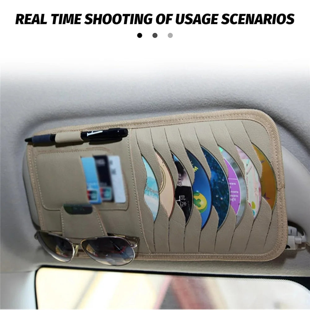 Car Sun Visor Multifunctional Card Organizer PU Leather CD Storage Case Sunglasses Clip Pen Holder - Black - 5