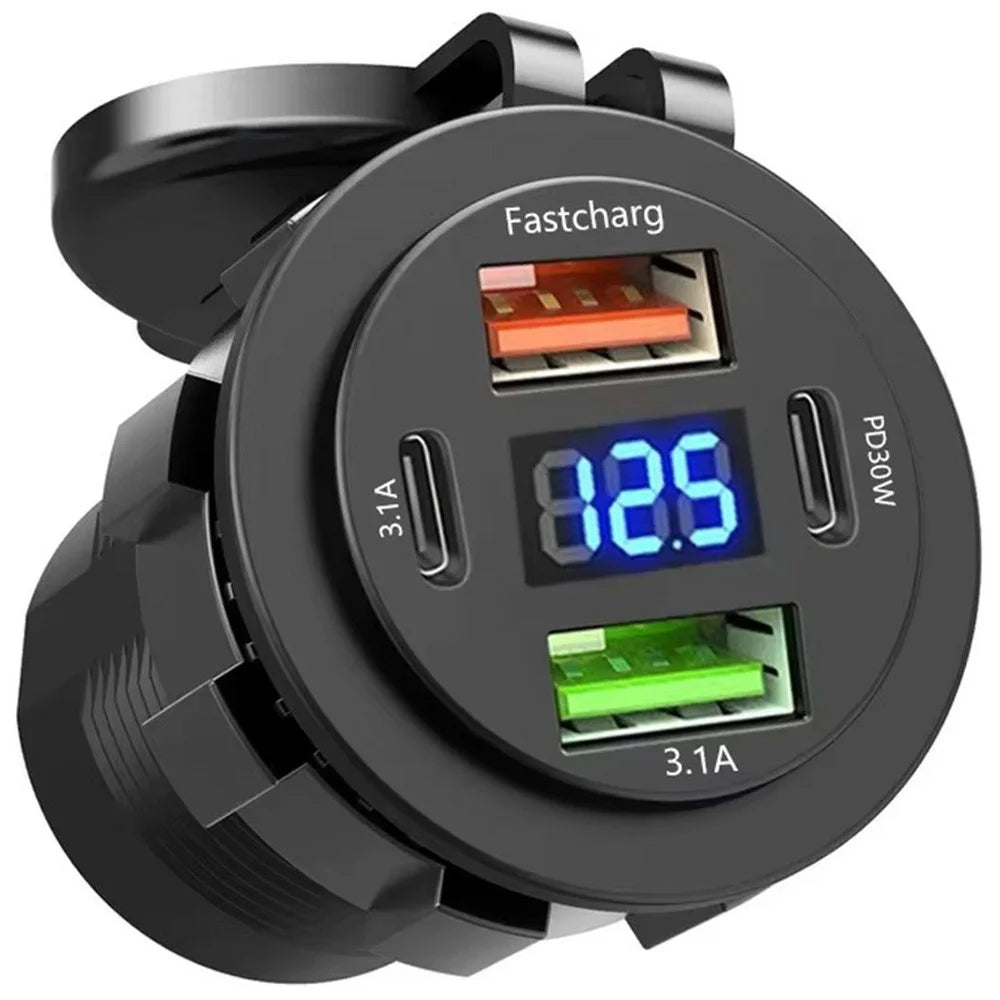 12V / 24V Car Charger Socket with Voltage Display QC3.0 22.5W USB-A + PD 30W USB-C 4 Ports Fast Charger for Boat Motorcycle Truck - 2