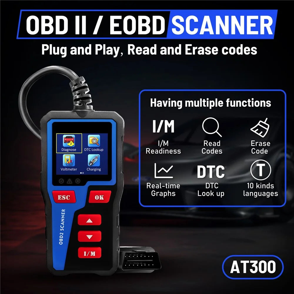 AT300 OBD2 Scanner 1.8 Inch TFT Screen Car Diagnostic Tool Battery Test Code Reader for Engine Check - 7