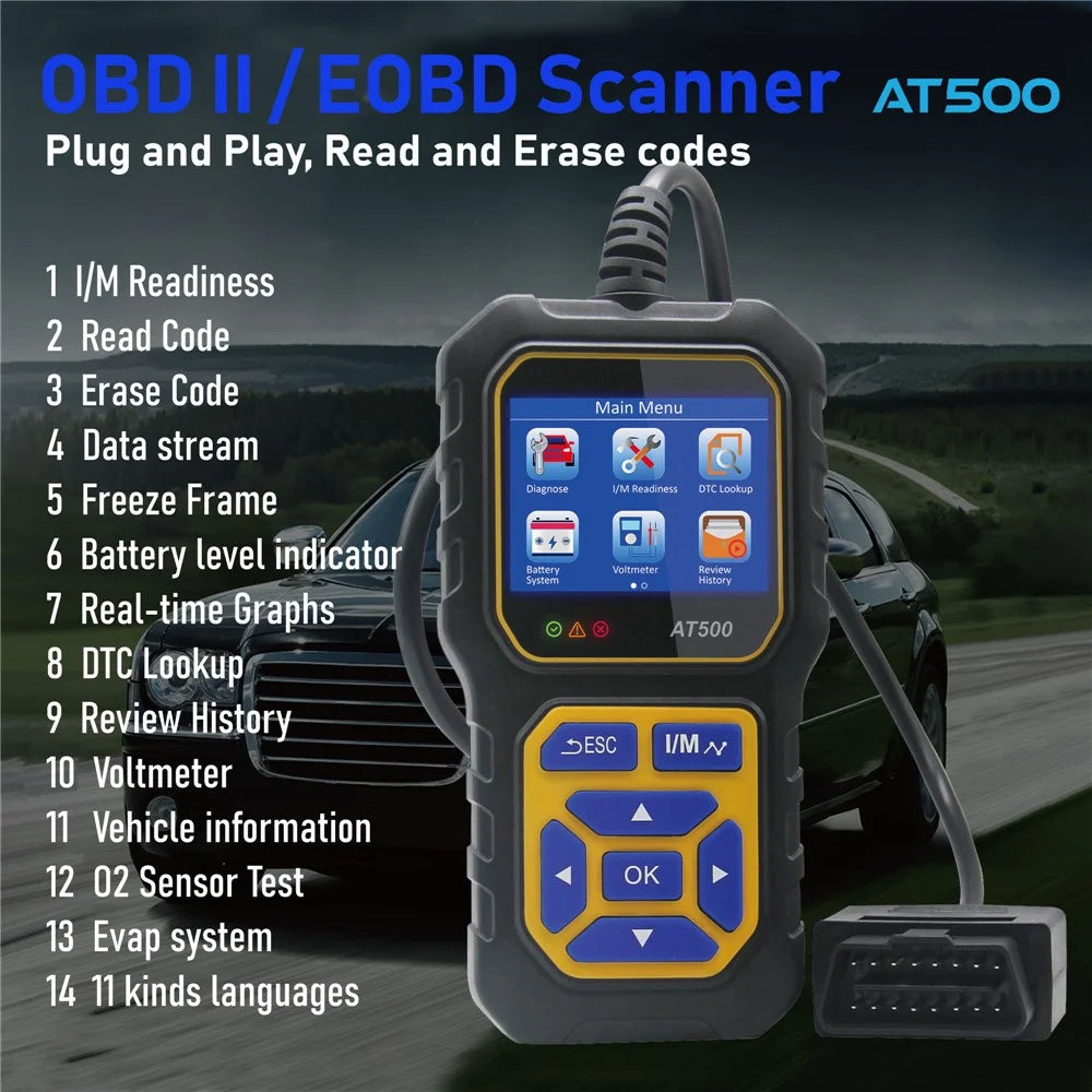AT500 OBD2 Scanner 2.4 Inch Color TFT Screen Automotive Diagnostic Tool Battery Test for Cars - Black / Yellow - 2