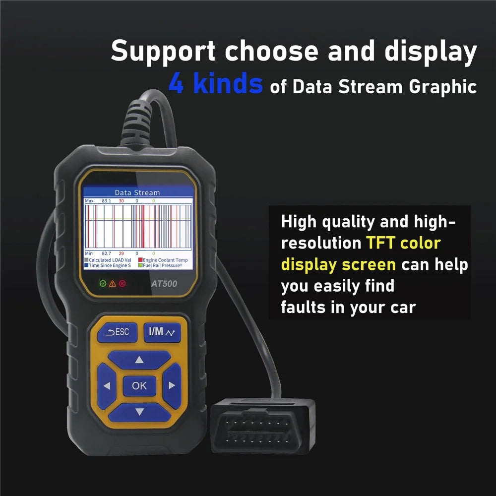 AT500 OBD2 Scanner 2.4 Inch Color TFT Screen Automotive Diagnostic Tool Battery Test for Cars - Black / Yellow - 5