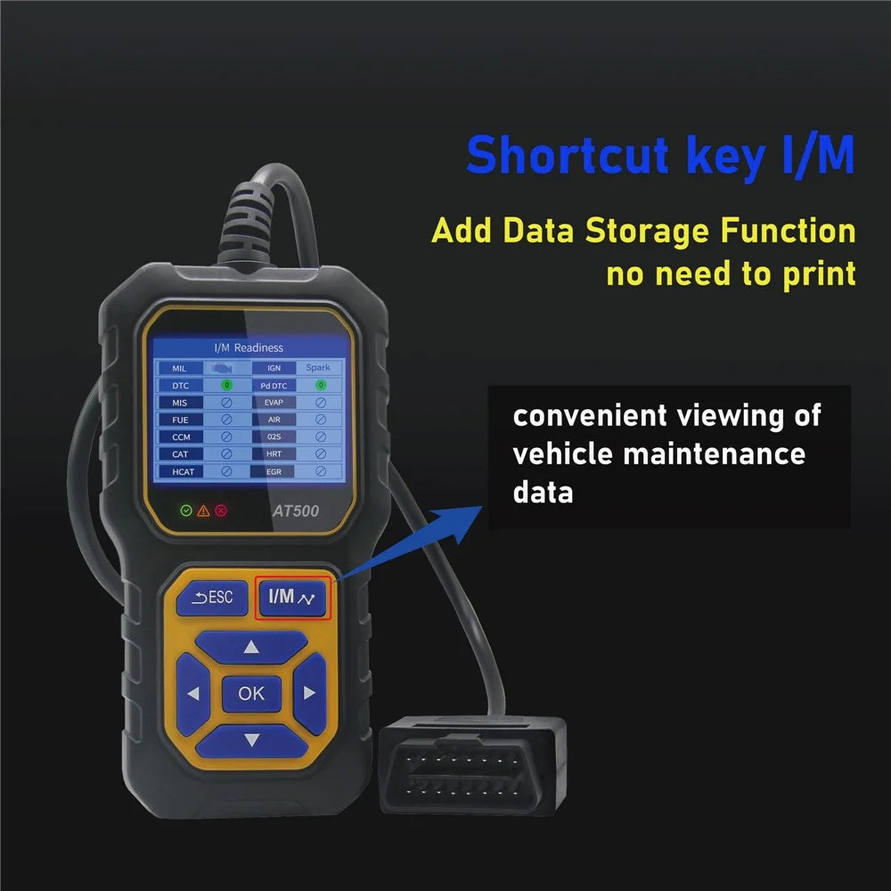 AT500 OBD2 Scanner 2.4 Inch Color TFT Screen Automotive Diagnostic Tool Battery Test for Cars - Black / Yellow - 7