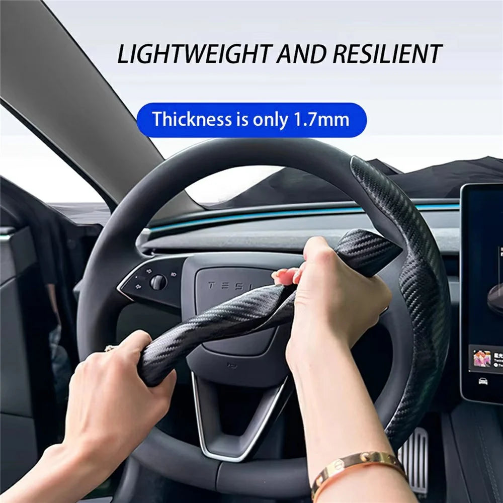2Pcs Carbon Fiber Steering Wheel Cover Round D-Shaped Anti-Slip Steering Wheel Sleeve for Tesla Model Y / Model 3 - 5