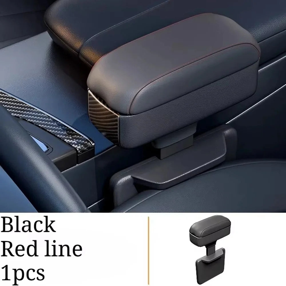 PU Leather Car Armrest Console Organizer Gap Filler Storage Box with Telescopic Cup Holder - Black / Red - 2