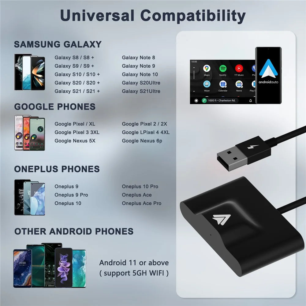 THT-020-3+ Wireless Android Auto Adapter Plug and Play Wired to Wireless Android Auto Dongle Compatible with Android 6.0+ - Black - 6