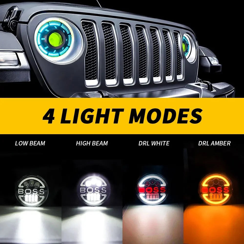 7-inch for Wrangler Harley Motorcycle Boss Headlight High Low Beam Circle Angel Eye LED Headlight - 4