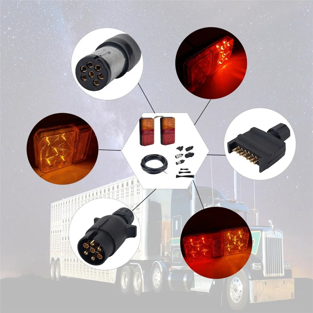 A4132 10-LED Tail Light Kit for 12V Truck, Trailer Vehicles Waterproof Turn Signal Light with 8m 5-Core Cable / Cable Ties - Type C Set - 2