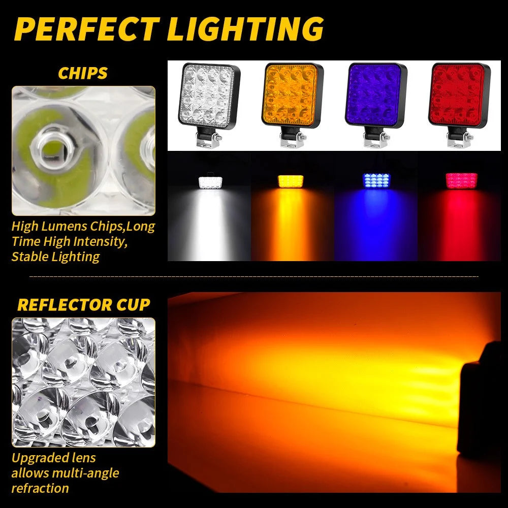 48W 12V 16-LED Car Driving Work Light Waterproof Square Car Off-Road Headlight - Yellow Light - 6