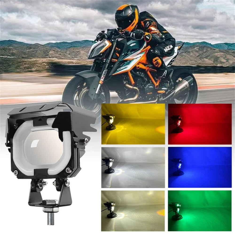 Motorcycle LED Headlight with RGB Angel Eye Halo High Low Beam Laser Spotlight - 3
