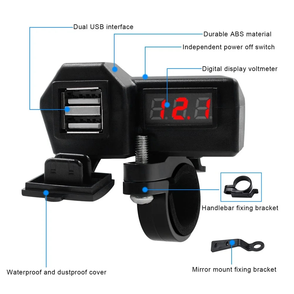 CS-1072A1 10-24V Motorcycle Dual USB Charger Digital Display Voltmeter Waterproof Phone Charging Adapter - 3