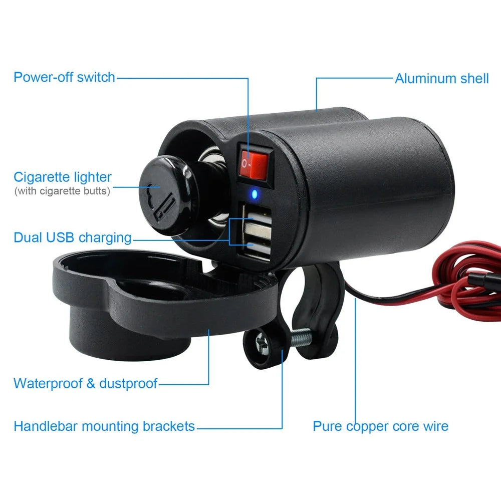 CS-313F1 12-24V Motorcycle Modify Dual USB Charger Waterproof Phone Charging Adapter with Cigarette Lighter Head and Switch - 5