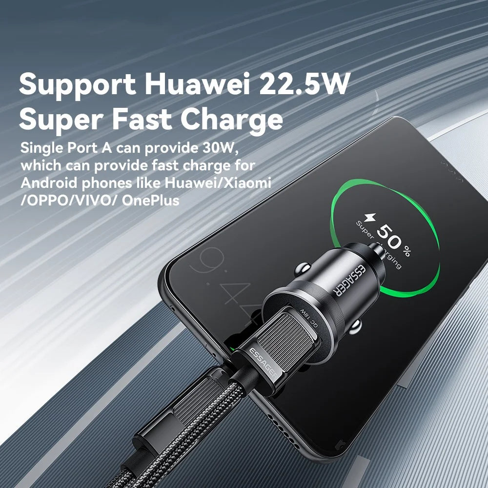 ESSAGER ES-CC15 Car Charger 45W Dual Port USB-A + Type-C Fast Charging Socket Cigarette Lighter - Grey - 4