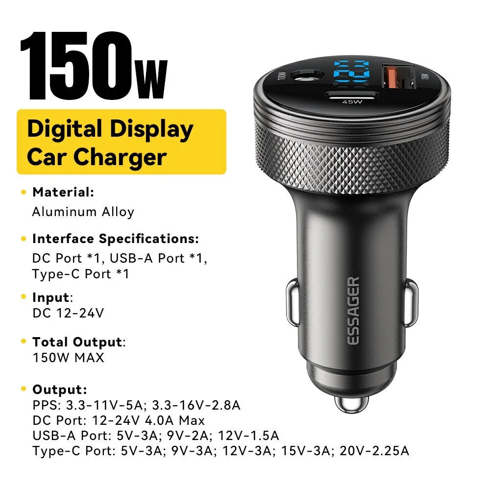 ESSAGER 150W Aluminum Alloy Digital Display Car Charger with DC + USB A + Type-C Port Fast Charging Adapter for Car - Grey - 2