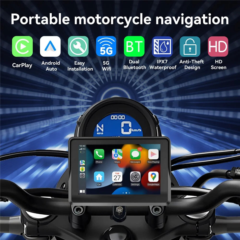 W512B Motorcycle Carplay GPS Navigation 5-Inch IPS Touch Screen with 2 Cameras+Bracket - 2