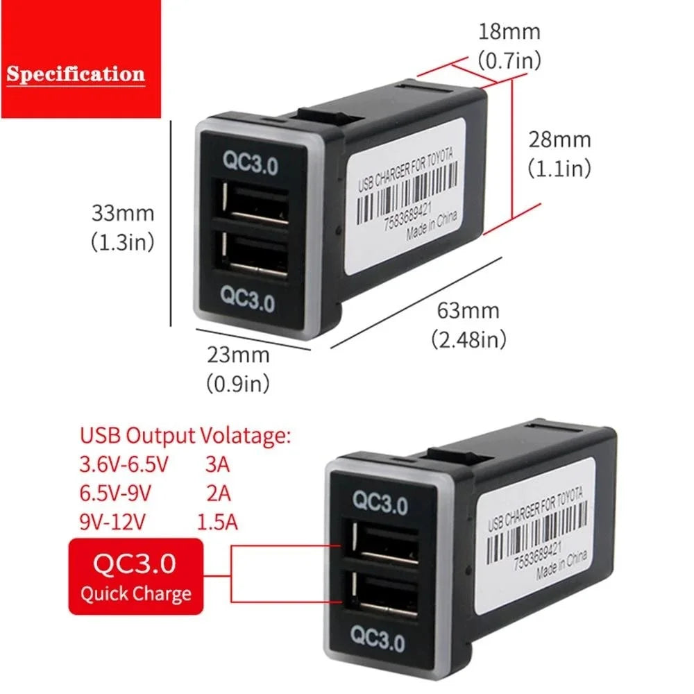QC3.0 Dual USB Port Blue LED Light Car Charger Socket Adapter Phone Charging Modification Accessory for Toyota (Cigarette Lighter Wiring Connection) - 7