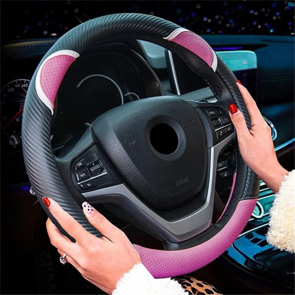 38cm Round Cute Rabbit Women Car Steering Wheel Cover Artificial Leather Anti-skid Steering Wheel Sleeve - Black+Rose - 2
