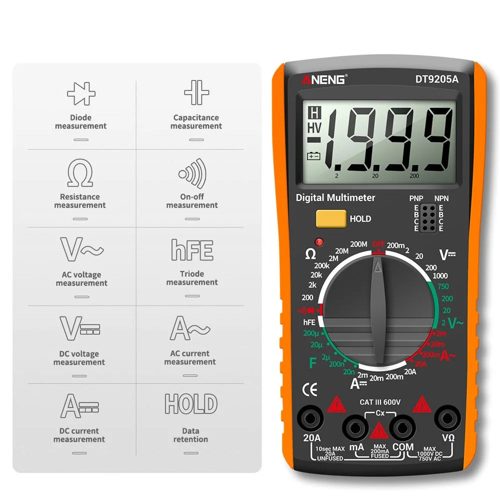 ANENG DT9205A Multifunctional HD Digital True RMS Multimeter AC/DC Voltage Meter - Orange - 4