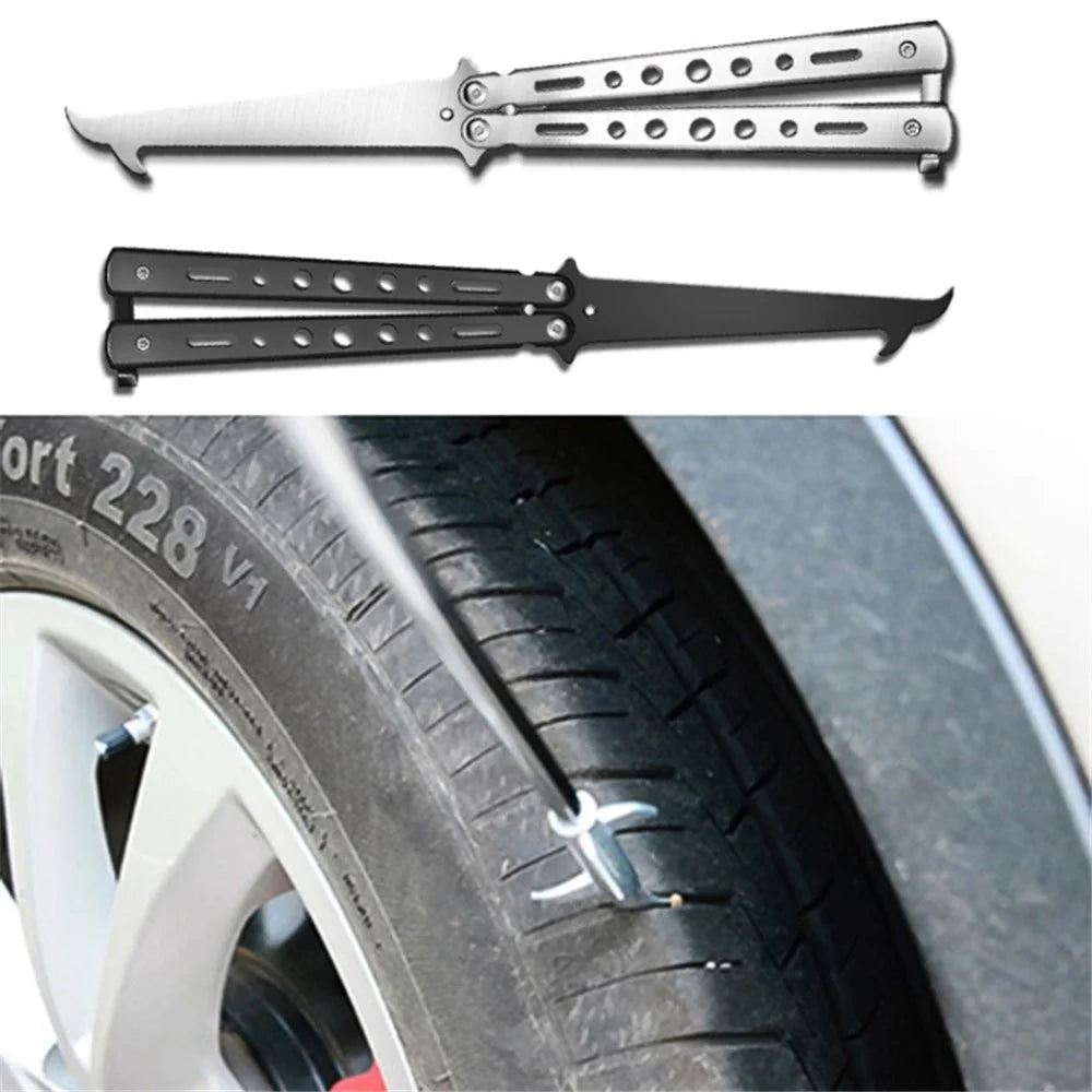 Folding Stone Removal Hook with Safety Hammer Portable Car Tire Cleaning Tool Set - Stainless Steel Color - 2