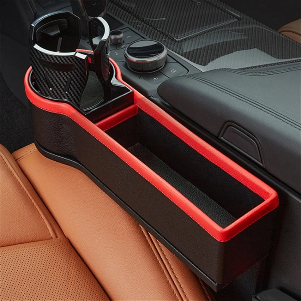 2Pcs / Set Car Crevice Storage Box ABS+PU Leather Seat Gap Filler Cup Holder, Driver + Front Passenger Side - Black+Red - 4
