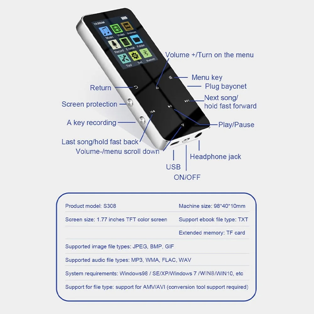 S308 32GB TF Card Touch Screen MP3 Sound Recorder Music Video MP4 Player with Dictionary (No Bluetooth-compatible Function) - Silver - 7
