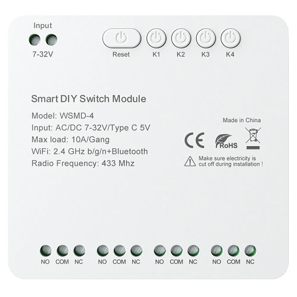 WSMD-4 Tuya Smart WiFi + RF 4 Channel Relay Smart Dly Switch Module for Home / Garage Door - AC / DC 7-32V - 1
