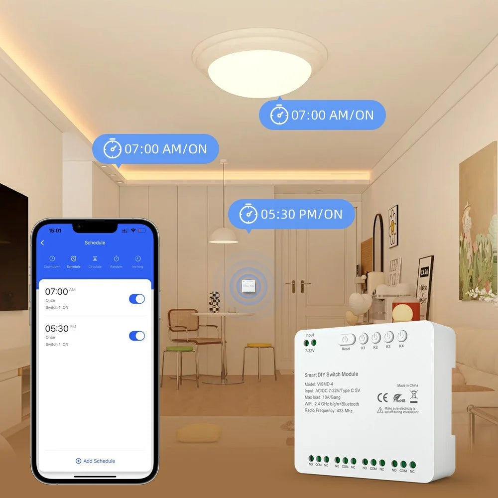 WSMD-4 Tuya Smart WiFi + RF 4 Channel Relay Smart Dly Switch Module for Home / Garage Door - AC / DC 7-32V - 6