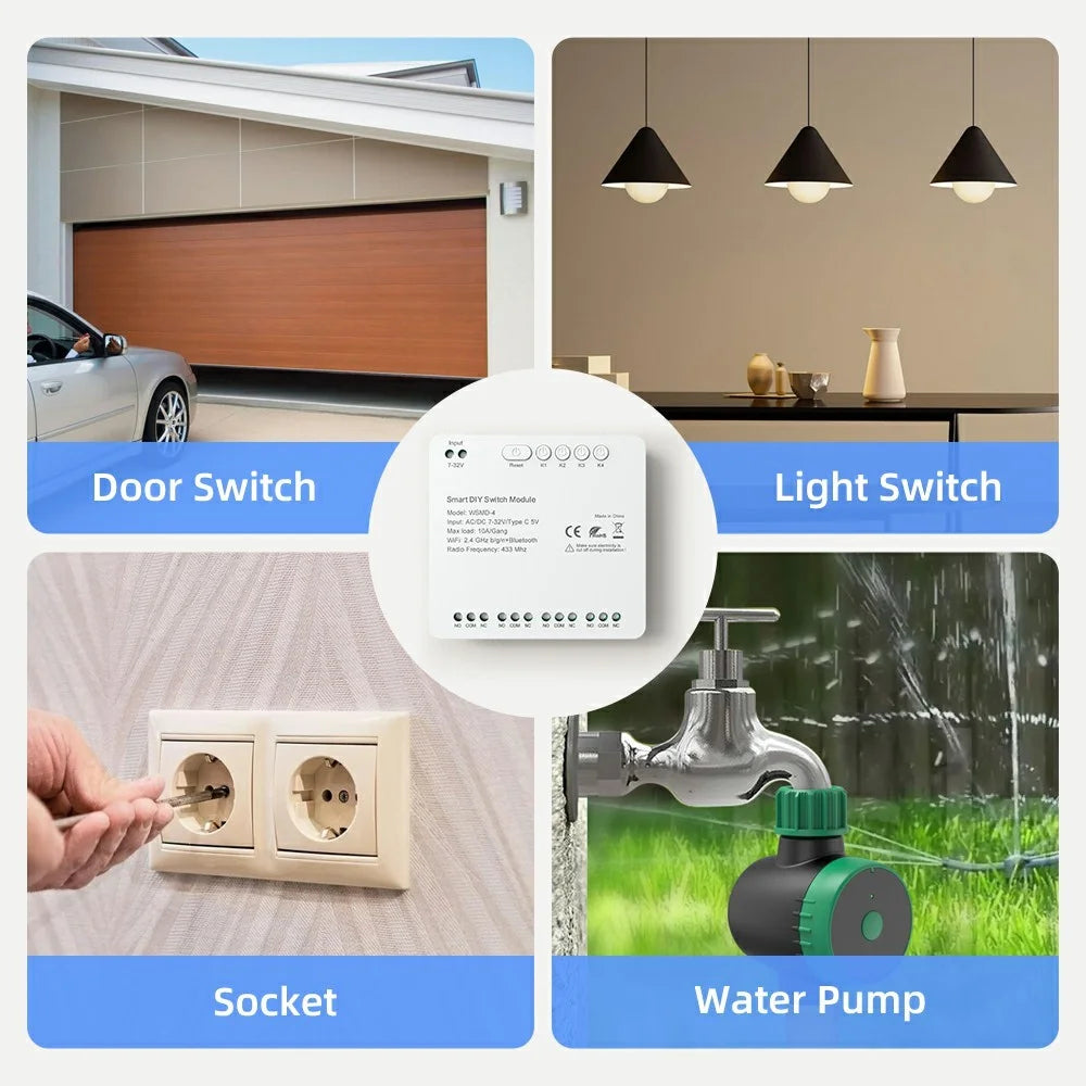WSMD-4 Tuya Smart WiFi + RF 4 Channel Relay Smart Dly Switch Module for Home / Garage Door - AC / DC 7-32V - 7