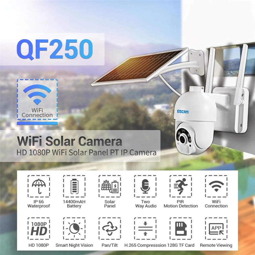 ESCAM QF250 1080P WiFi Solar IP Camera WiFi Wireless 6W Solar Panel Battery Powered Home Security Camera - 3