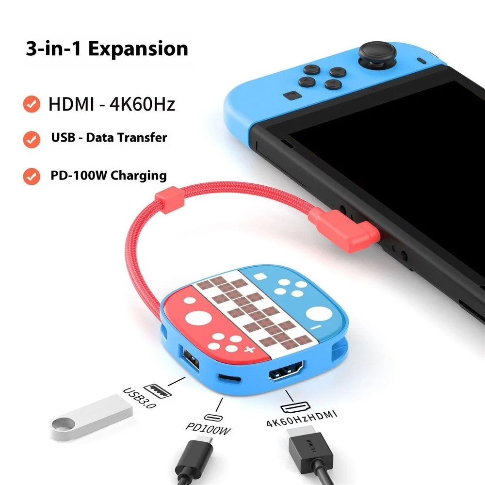 For Nintendo Switch 2 / 1 Type C to USB 3.0 100W Charging 4K 60Hz HD Adapter 3 in 1 Expansion Dock - Style A - 2