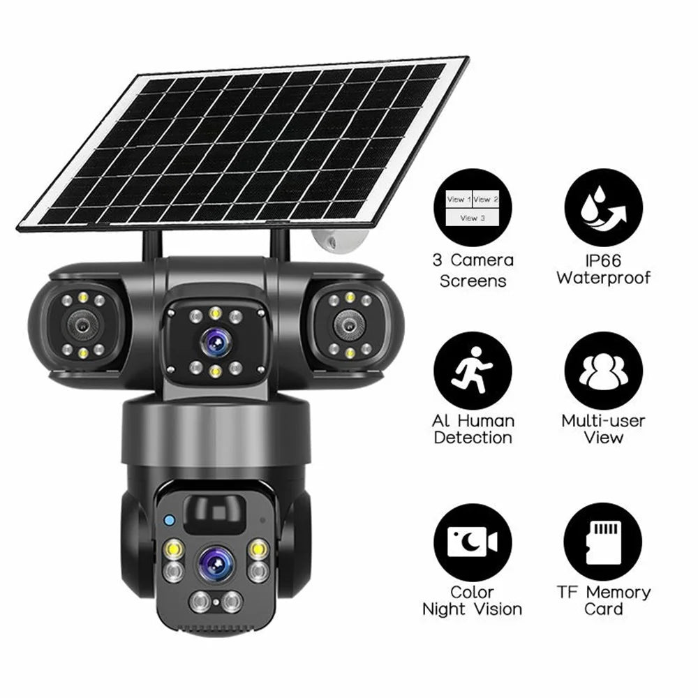 V380 Solar Security Camera IP66 Waterproof 3 Lens 4G Outdoor PTZ 6MP Surveillance Camera - 2