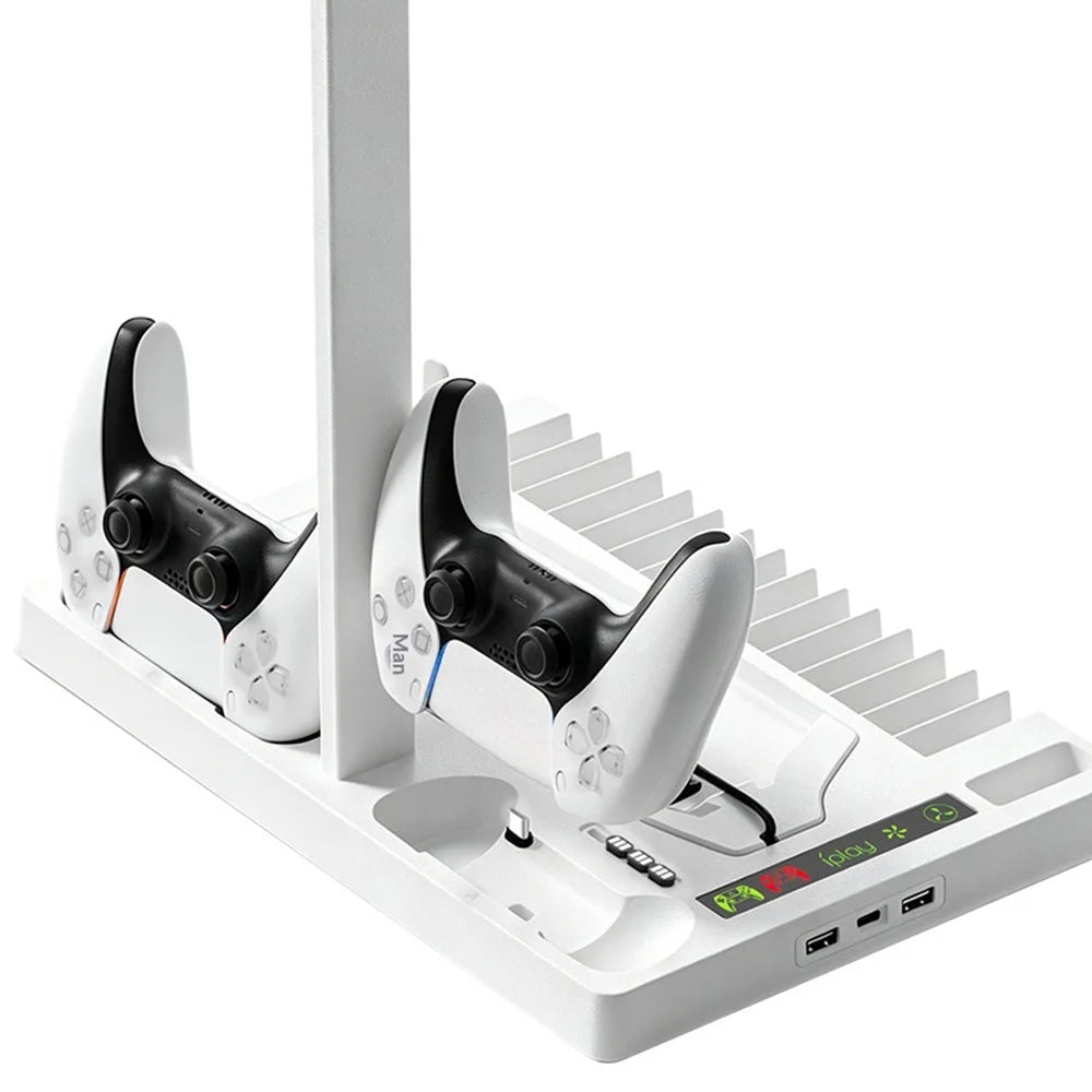 IPLAY HBP-534 Cooling Stand for Sony PlayStation 5/5 Pro/5 Slim Digital/Disc Version Dual Controller Charging Station with Fan Headset Holder - White - 2